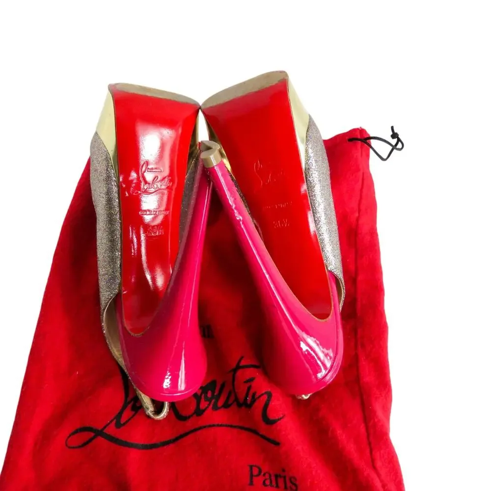 Christian Louboutin Lady Peep Slingback Glitter Pumps Platine Gold Pink Red 36.5
